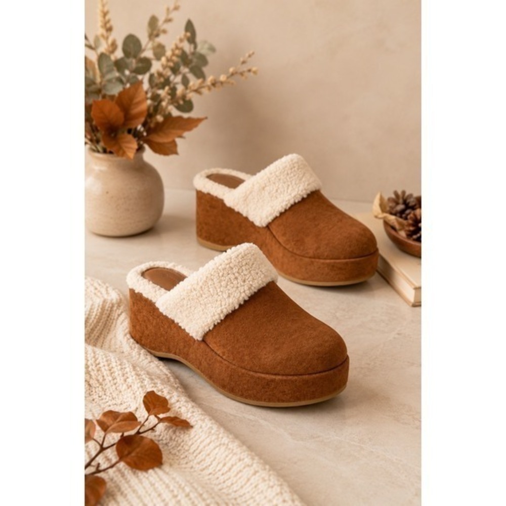 Faux Shearling Wedge Clogs Brown Womens 10 Slip-On Platform Cozy Fall New